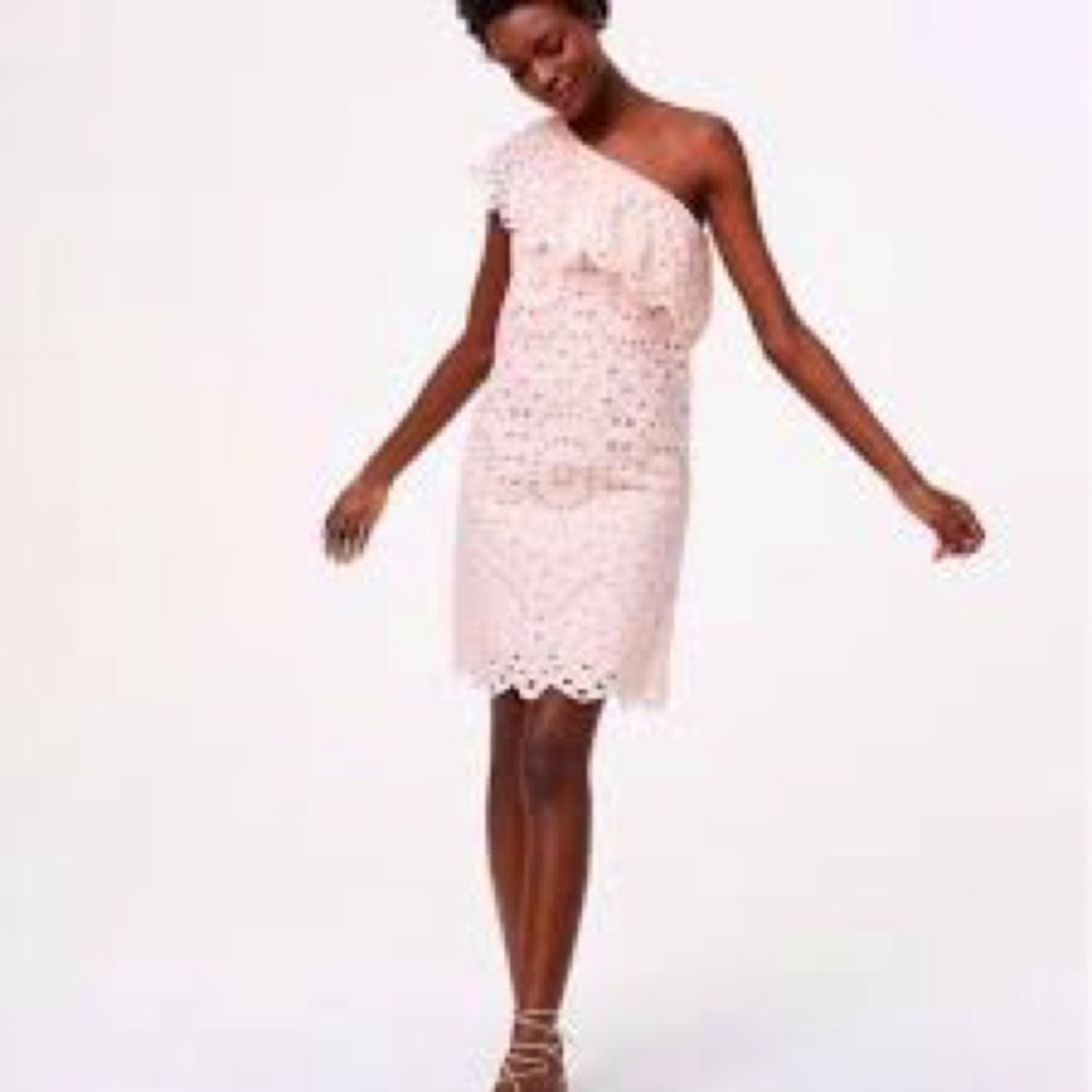 LOFT - Pink One Shoulder Eyelet Lace Romantic Sheath Dress-Wedding, Formal
